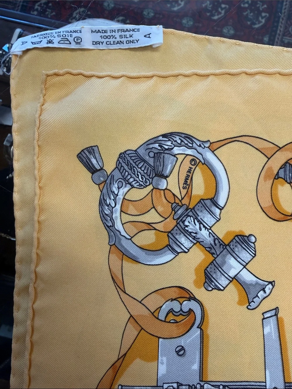 Hermes Yellow and Gray Decorative Hardware Print Silk Scarf